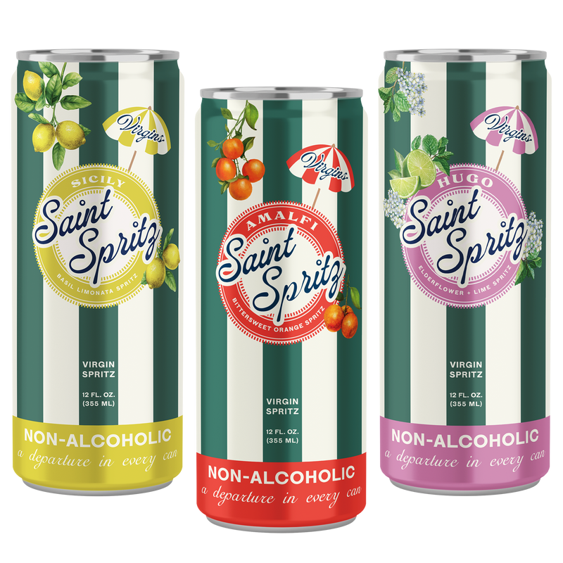 Saint Spritz Virgin Amalfi, Sicily, and Hugo cans